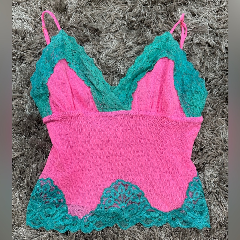 Betsey Johnson, vintage, teal and neon pink super sexy cami! Women’s size sma…